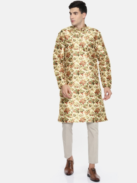 

British Club Men Cream Printed Straight Kurta