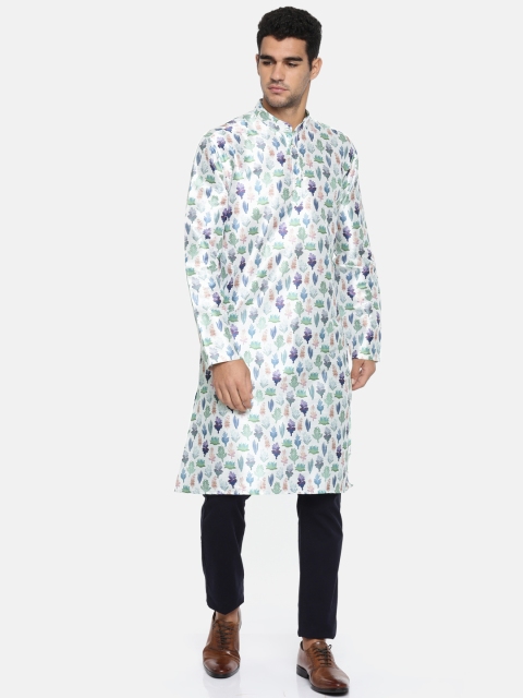 

British Club Men White Printed Straight Kurta