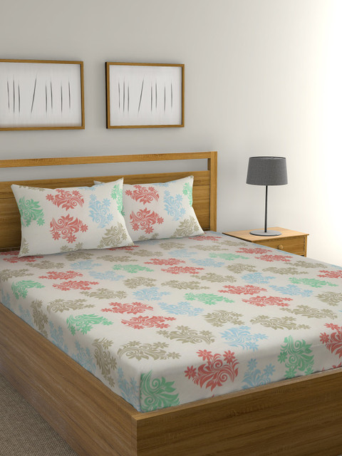 

Raymond Home Off-White & Multicoloured Floral Flat 104 TC Cotton 1 Queen Bedsheet with 2 Pillow Covers