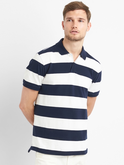 

GAP Men Blue And White Rugby Stripe Pique Polo Shirt In Stretch