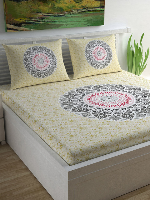 

Divine Casa Yellow & Grey Ethnic Motifs Flat 104 TC Cotton 1 Queen Bedsheet with 2 Pillow Covers