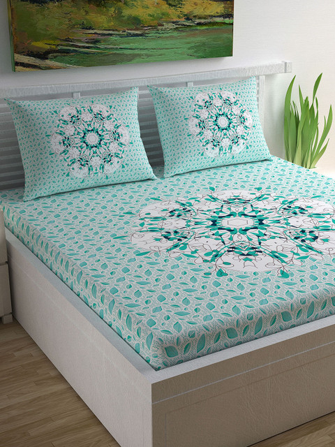 

Divine Casa Turquoise Blue & Off-White Flat 104 TC Queen Bedsheet & 2 Pillow Covers