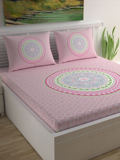 

Divine Casa Pink Ethnic Motifs Flat 104 TC Cotton 1 Extra Large Bedsheet with 2 Pillow Covers