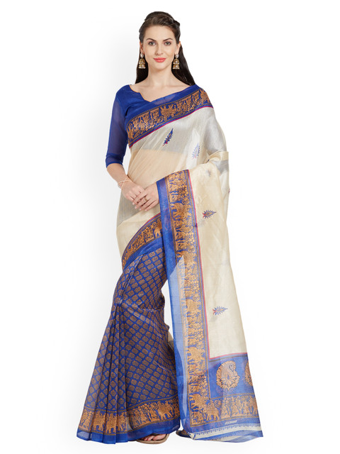 

Florence Cream-Coloured & Blue Woven Design Bhagalpuri Saree