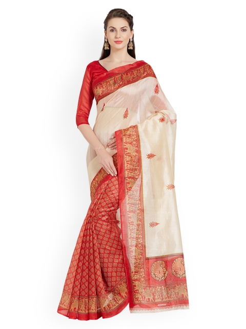 

Florence Cream-Coloured & Red Woven Design Bhagalpuri Saree