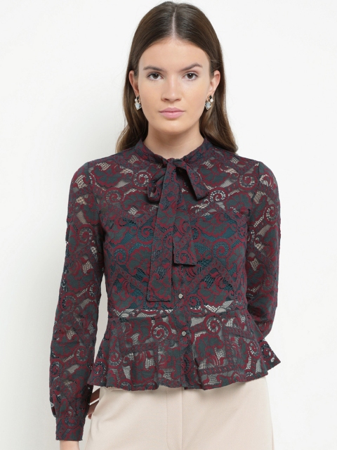 

Kazo Women Green & Red Regular Fit Self Design Casual Shirt
