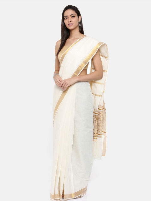 

Pavechas White Pure Cotton Woven Design Kasavu Saree