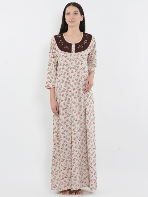 

Sweet Dreams Beige & Maroon Printed Maxi Nightdress