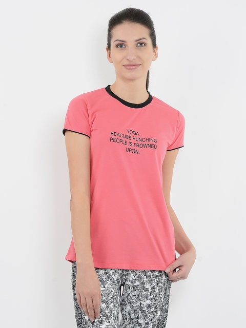 

Sweet Dreams Women Coral Pink Printed Round Neck Workout T-shirt