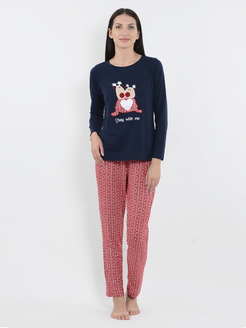 

Sweet Dreams Women Navy & Red Applique Detail Night Suit 222578, Navy blue
