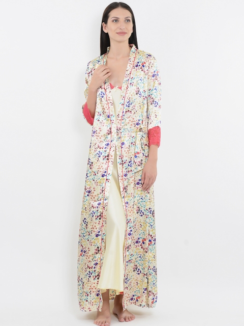 

Sweet Dreams Cream-Coloured Solid Maxi Nightdress With Printed Robe