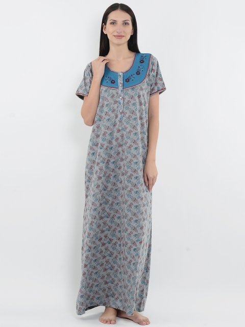 

Sweet Dreams Grey Melange & Maroon Printed Maxi Nightdress