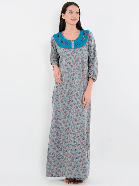 

Sweet Dreams Grey Melange & Blue Printed Nightdress