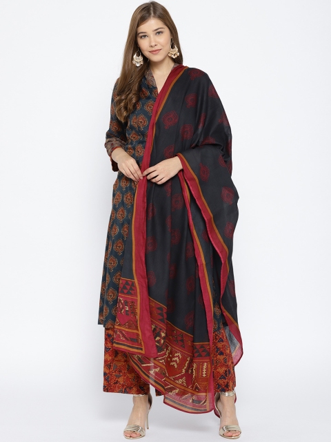 

Biba Women Navy Blue & Rust Brown Printed Kurta with Palazzos & Dupatta