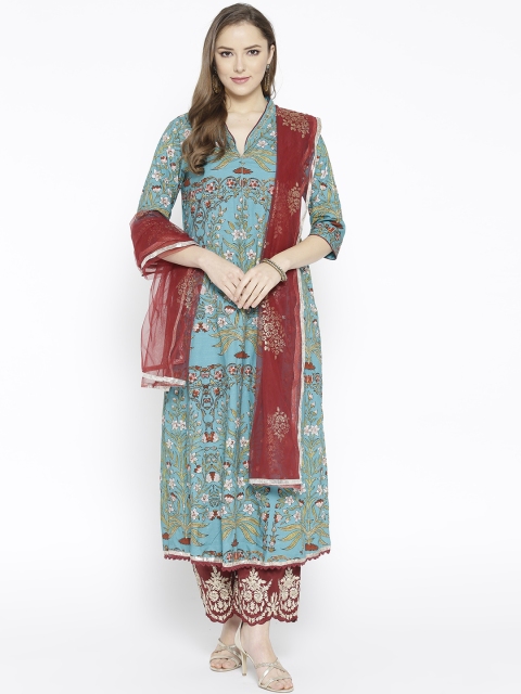 

Biba Women Blue & Maroon Printed Kurta with Palazzos & Dupatta