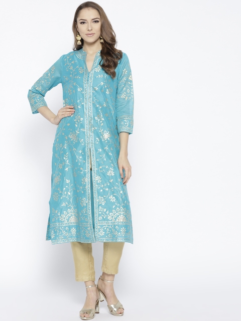 

Biba Women Turquoise Blue & Golden Printed Straight Kurta