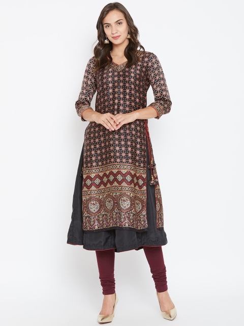 

Biba Women Black & Beige Printed Layered Straight Kurta