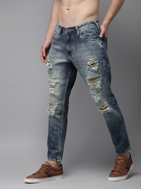 

HERE&NOW Men Blue Slim Fit Mid-Rise Highly Distressed Cropped Jeans