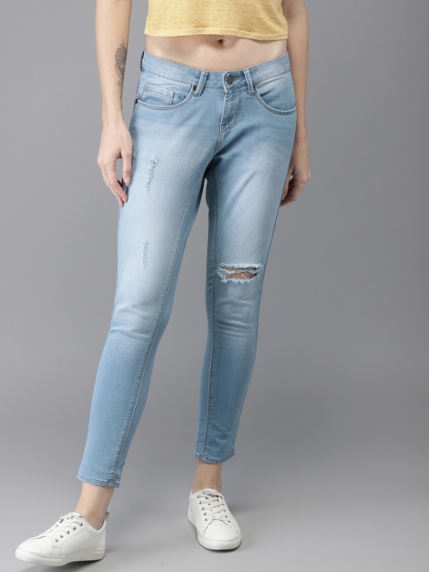 

HERE&NOW Women Blue Skinny Fit Low-Rise Mildly Distressed Stretchable Cropped Jeans