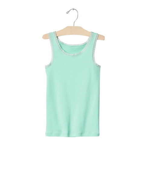 

GAP Girls Sea Green Solid Ribbed Lace Pure Cotton Top