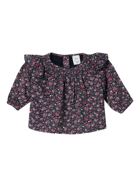 

GAP Girls Navy Blue Smocked Neck Floral Print Top