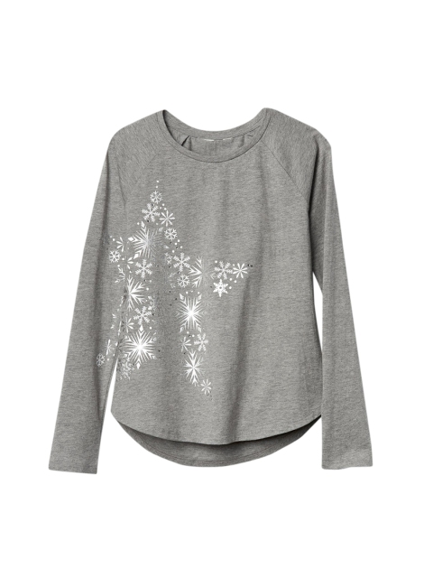 

GAP Girls Embellished Graphic Hi-Lo Baseball Pure Cotton Top, Grey