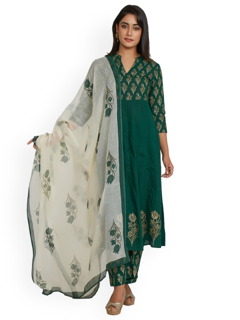 

anayna Women Green & Gold-Toned Printed Kurta with Palazzos & Dupatta