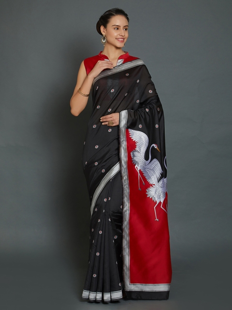 

Mitera Black & Red Silk Blend Woven Design Kanjeevaram Saree