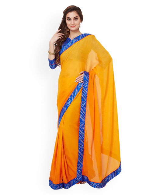 

Shaily Orange & Blue Pure Georgette Solid Saree