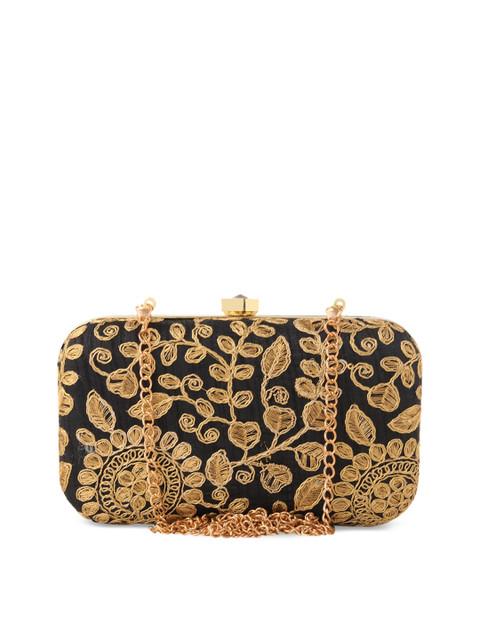 

Anekaant Black & Gold-Toned Embroidered Embroidered Clutch