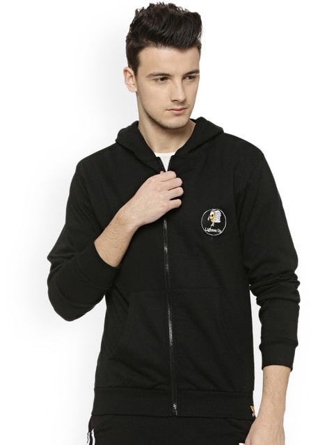 

Campus Sutra Men Black Solid Hooded Sweatshirt