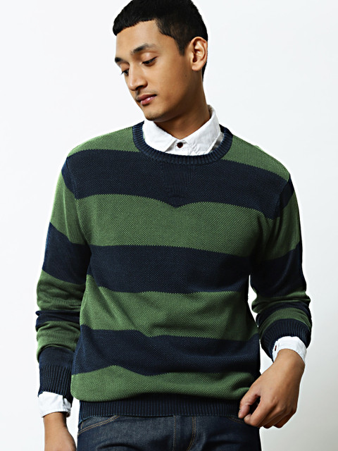

Mr Bowerbird Men Navy Blue & Olive Rugby Stripe Pullover