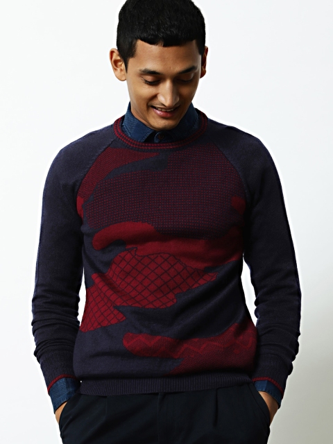 

Mr Bowerbird Men Navy Blue & Red Refined Camo Pullover