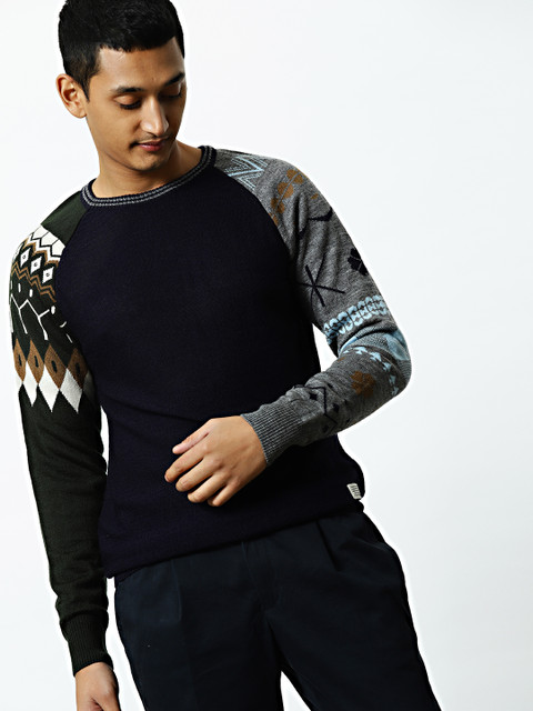 

Mr Bowerbird Men Navy Blue Solid Eclectic Sleeve Pullover