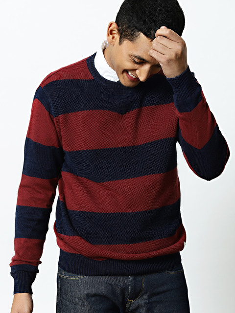 

Mr Bowerbird Men Navy Blue & Maroon Rugby Stripe Pullover