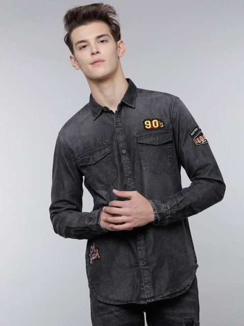 

LOCOMOTIVE Men Charcoal Grey Slim Fit Faded Casual Denim Shirt