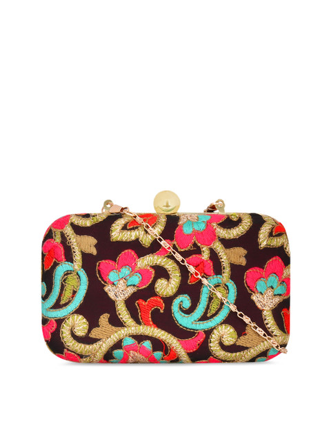 

ZAREGARE Black & Red Printed Embroidered Box Clutch