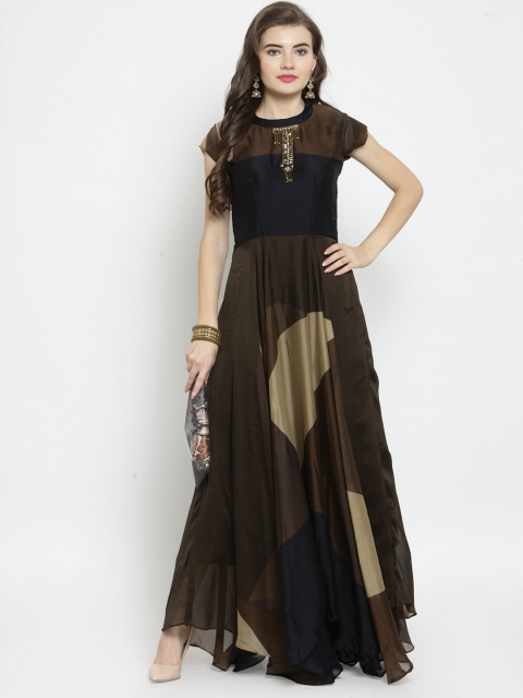 

Kvsfab Women Brown & Navy Blue Printed Anarkali Kurta