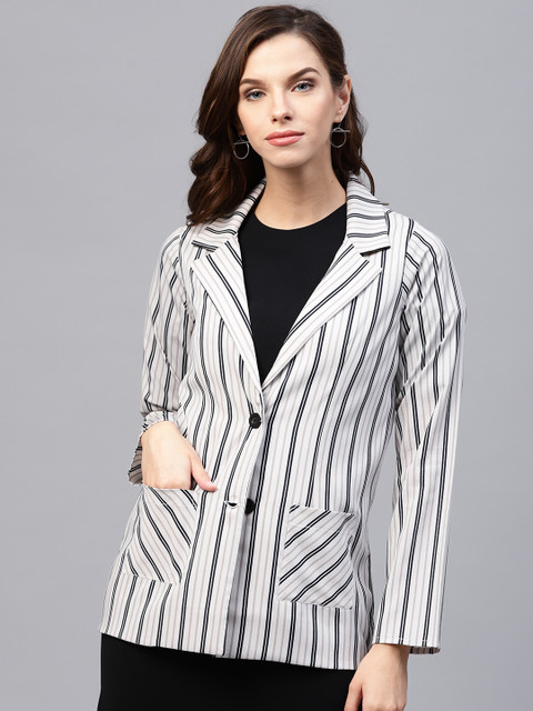 

Athena Women Off-White & Black Single-Breasted Striped Blazer