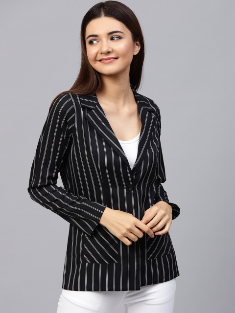 

Athena Women Black & White Single-Breasted Striped Blazer