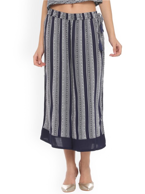 

People Women Blue & White Regular Fit Printed Culottes
