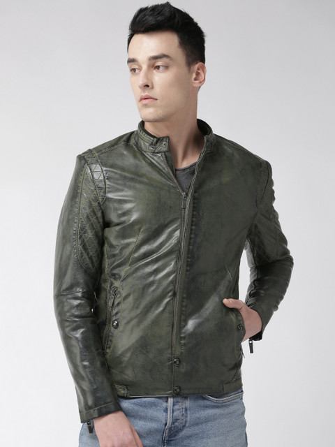

Fort Collins Men Olive Green Solid Biker Jacket