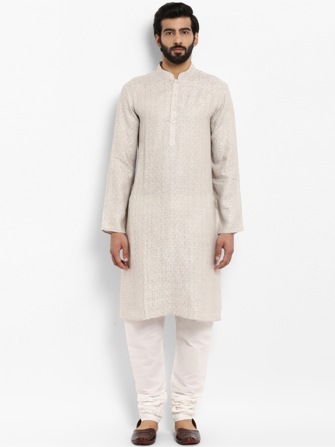 

ethnix Men Beige & White Solid Linen Kurta with Churidar