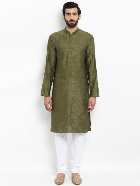 

ethnix Men Green & White Solid Straight Kurta