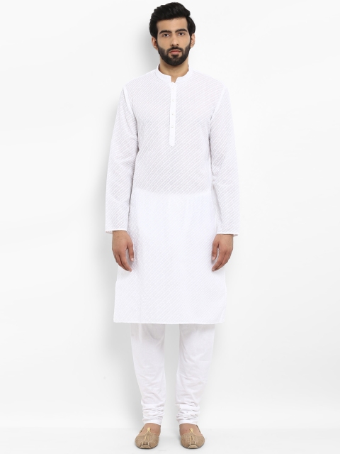 

ethnix Men White Woven Design Straight Kurta
