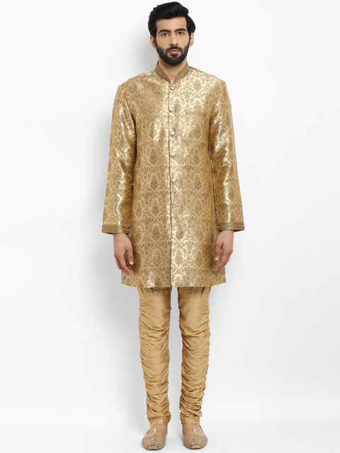 

ethnix Men Beige & Golden Coloured Woven Design Straight Kurta