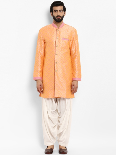 

ethnix Men Peach-Coloured & White Self Design Kurta with Patiala