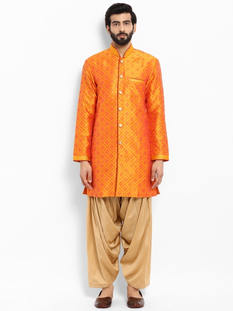 

ethnix Men Orange & Beige Self Design Kurta with Patiala