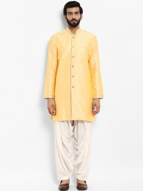 

ethnix Men Yellow Self Design Kurta with Patiala