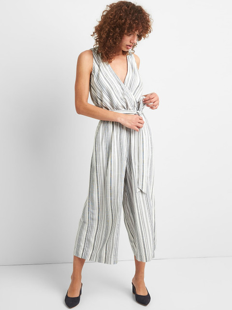 

GAP Women Black & White Stripe Sleeveless Wrap Jumpsuit
